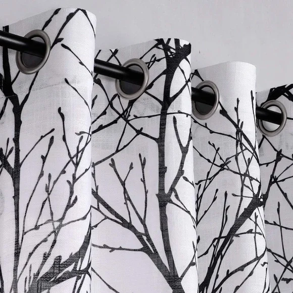 Linen White Curtains with Gray Branches 50”x96” - Picture 3 of 6